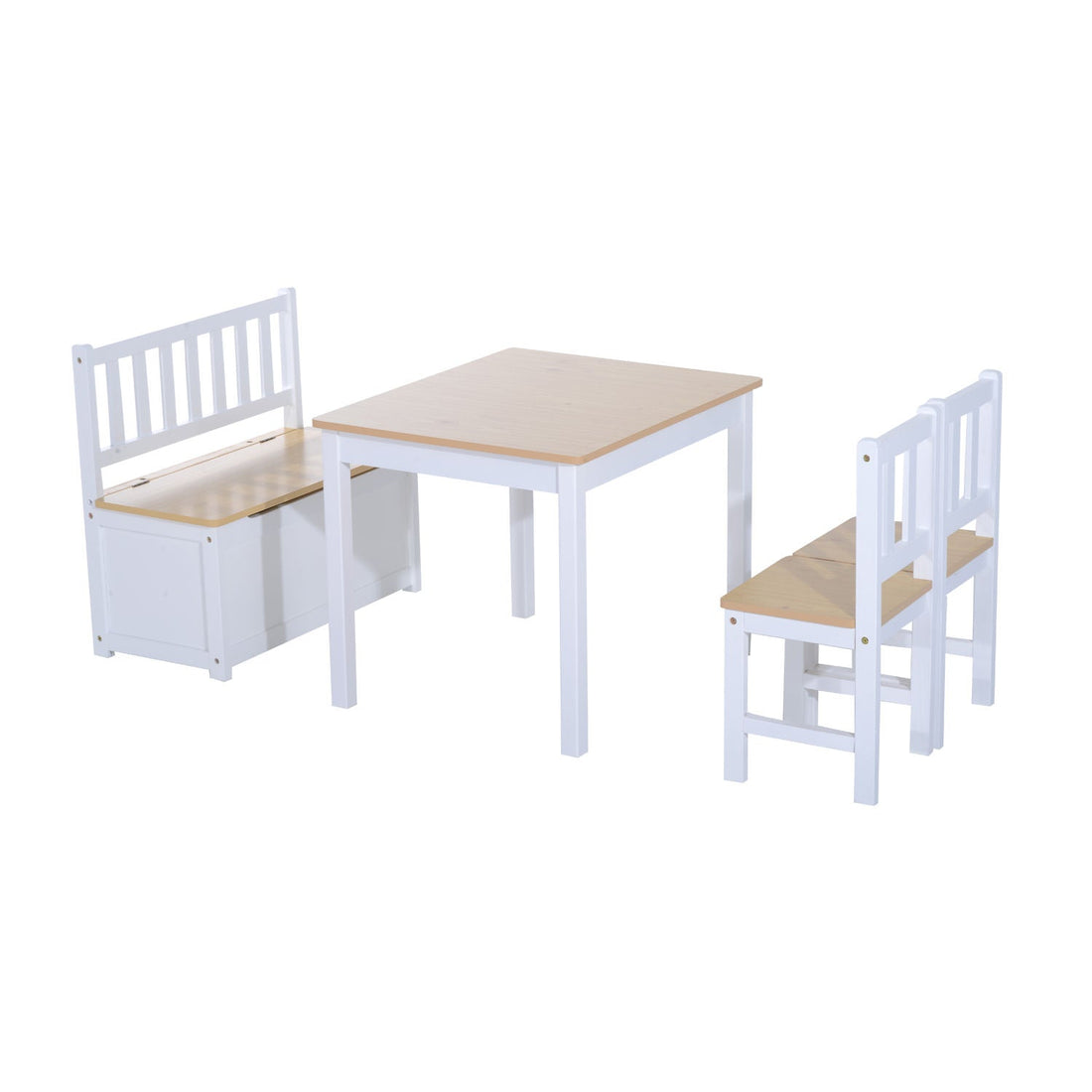 4-Piece Kids Table and Chair Set with 2 Wooden Chairs, 1 Storage Bench, and Interesting Modern Design, Beige/White