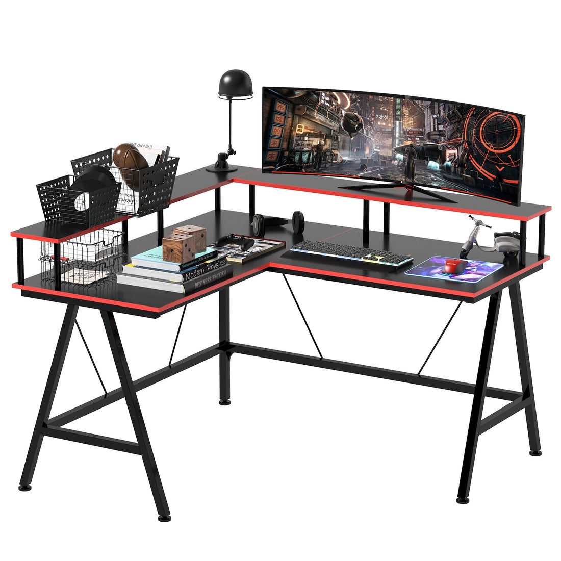 L Shaped Gaming Desk, Corner Computer Desk with Monitor Stand for Home Office, 140 x 130 x 93cm, Black and Red