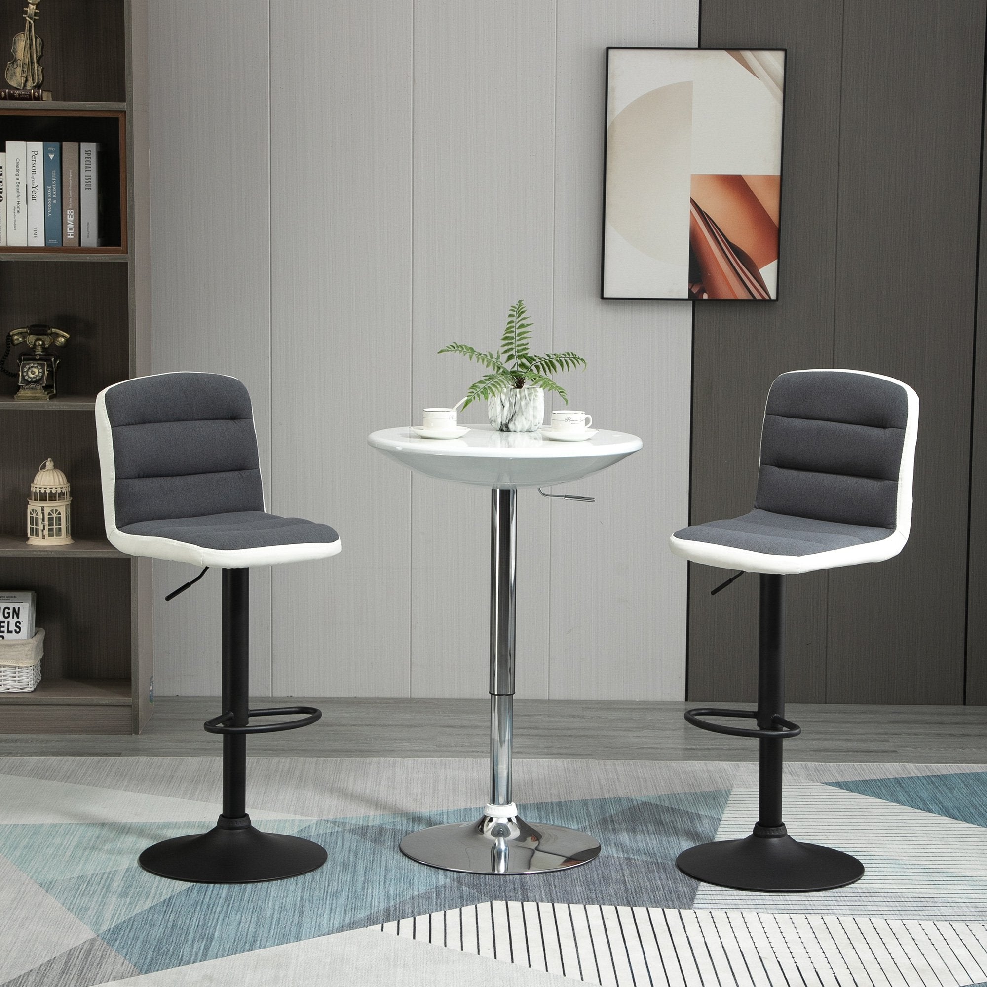 Bar Stools Set of 2, Height Adjustable Bar Chairs in Fabric and Faux Leather, 360° Swivel Kitchen Stool with Backrest and Footrest, Dark Grey