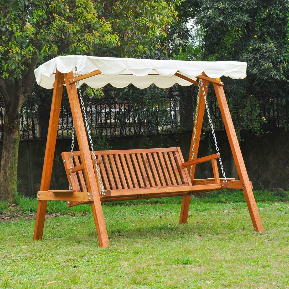 3 Seater Garden Swing Seat with Canopy, Wooden Swing Chair, Outdoor Hammock Bench for Balcony Patio Porch, Cream White