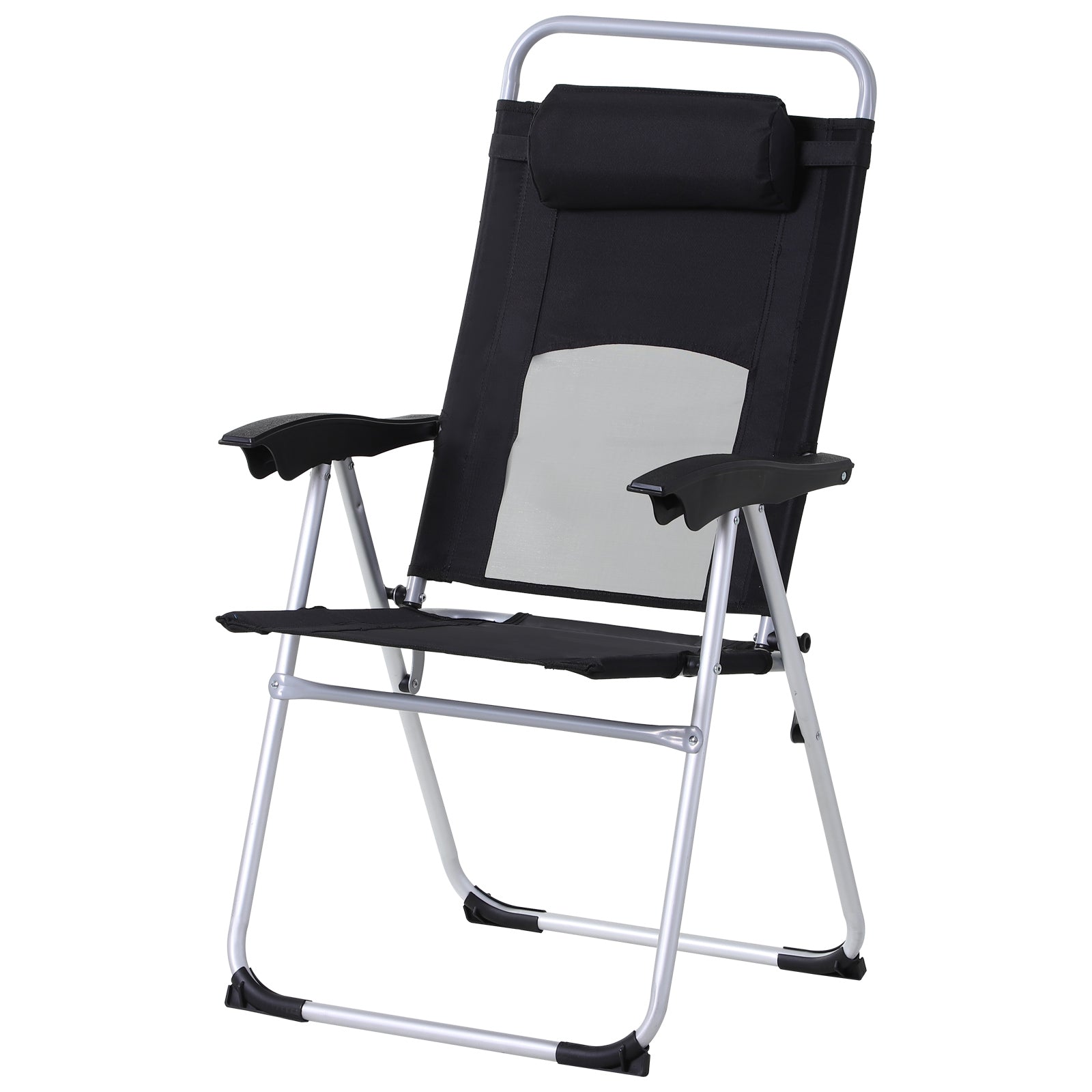 Folding Camping Chair, Patio Armchair, 3-Position Adjustable Recliner Reclining Seat with Pillow for Outdoor Garden - Black