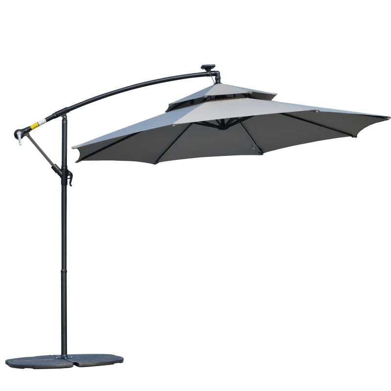 3(m) Cantilever Banana Parasol Hanging Umbrella with Double Roof, LED Solar lights, Crank, 8 Sturdy Ribs and Cross Base for Outdoor, Garden, Patio, Light Grey