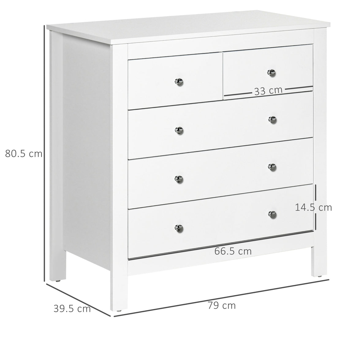 Modern Chest of Drawers, 5 Drawer Storage Cabinet with Metal Handles and Runners for Bedroom, White