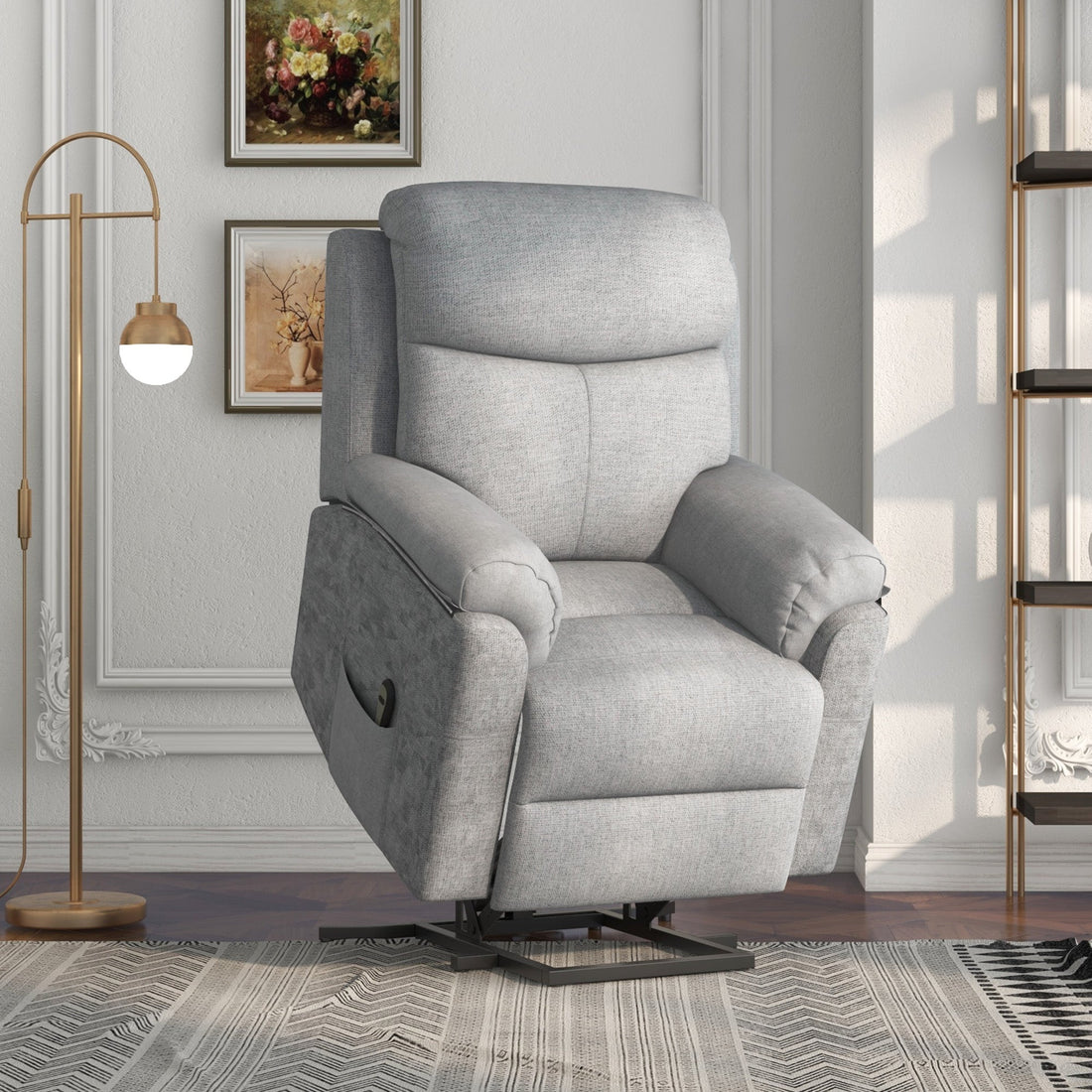 Power Lift Recliner Chair, Electric Lift Chair for Elderly, Overstuffed Linen Fabric Riser and Reclining Armchair with Remote Control, Side Pockets, for Living Room, Grey