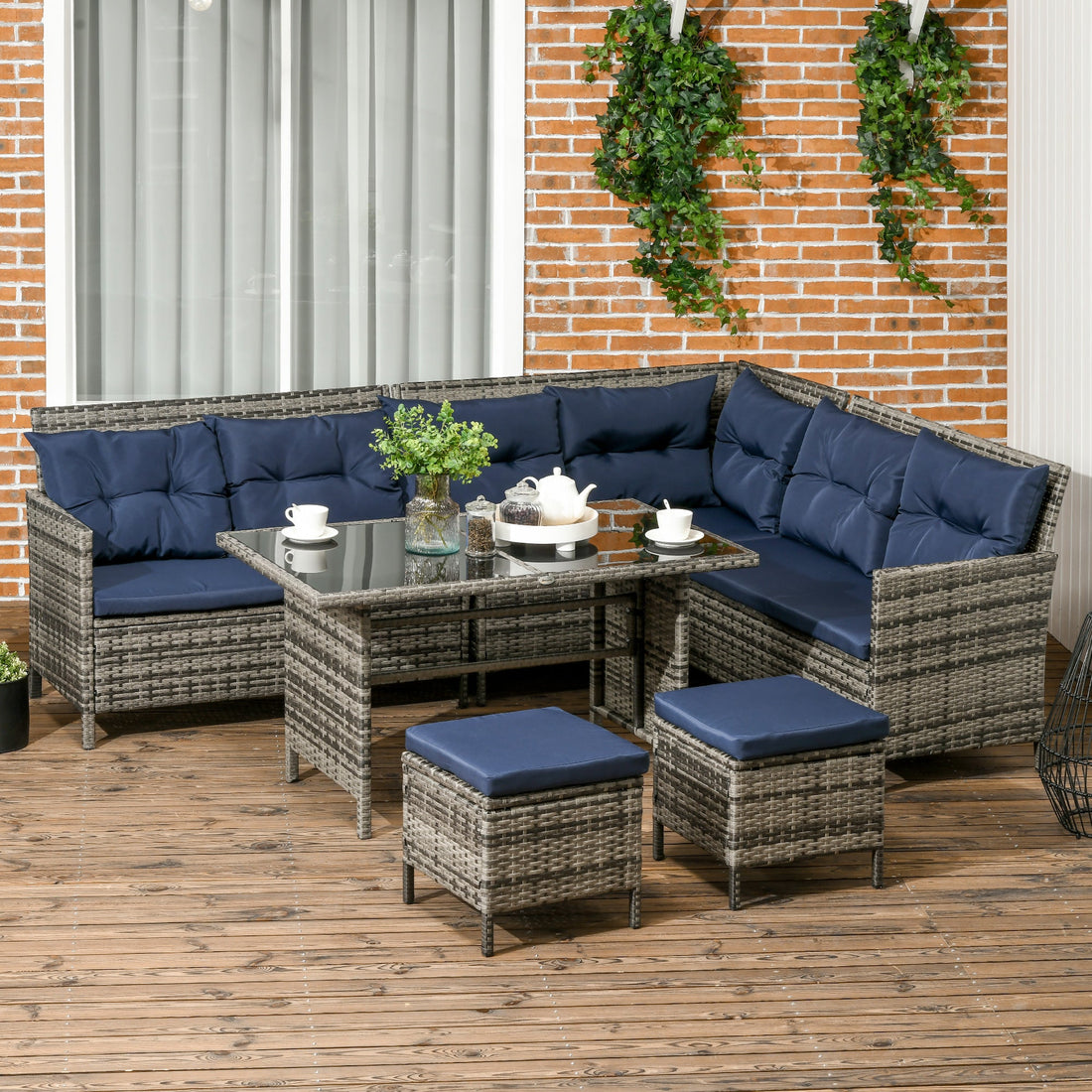 7-Seater Patio wicker Sofa Set Rattan Chair Furniture w/ Glass & Cushioned, Dark Blue
