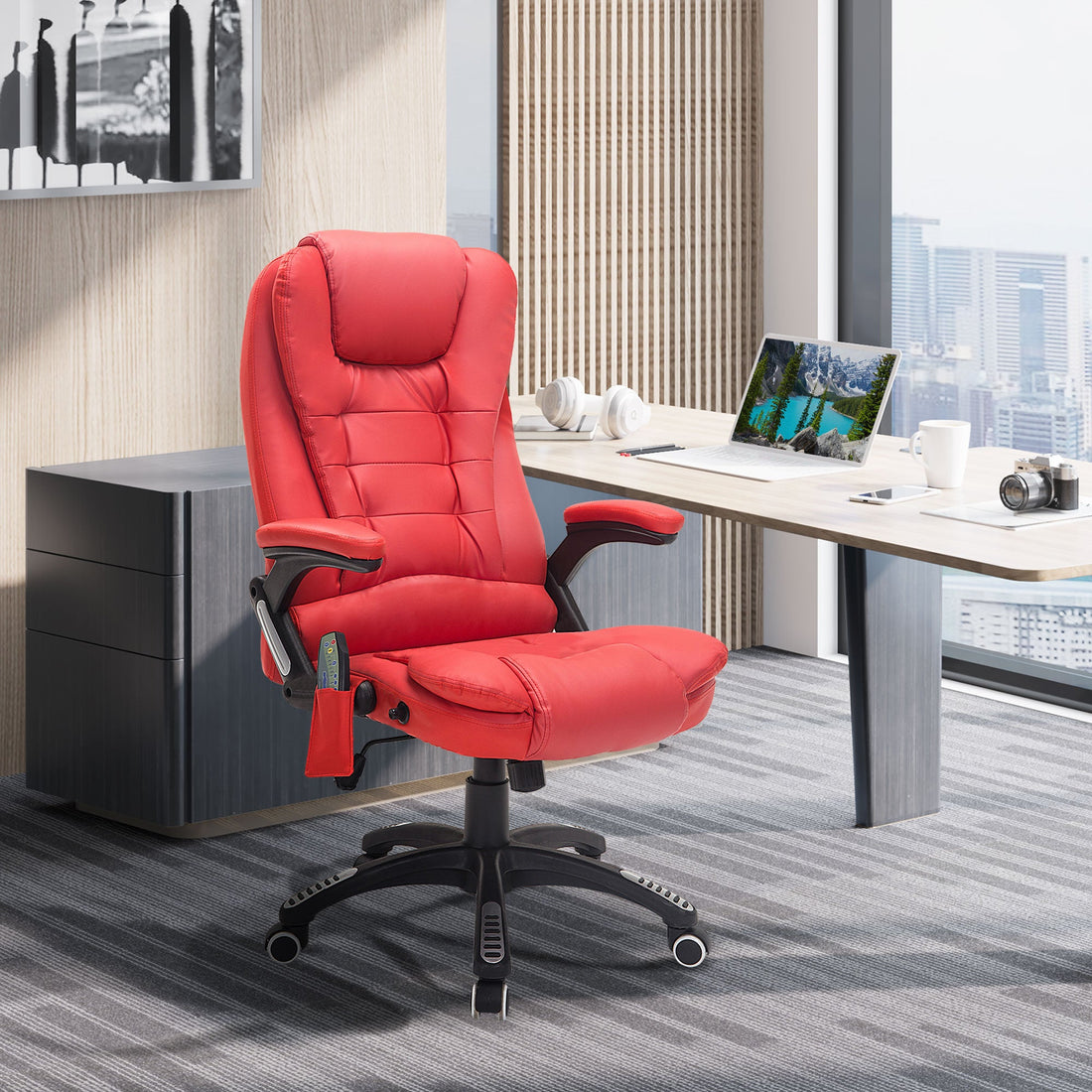 Executive Office Chair with Massage and Heat, High Back PU Leather Massage Office Chair with Adjustable Height, Red