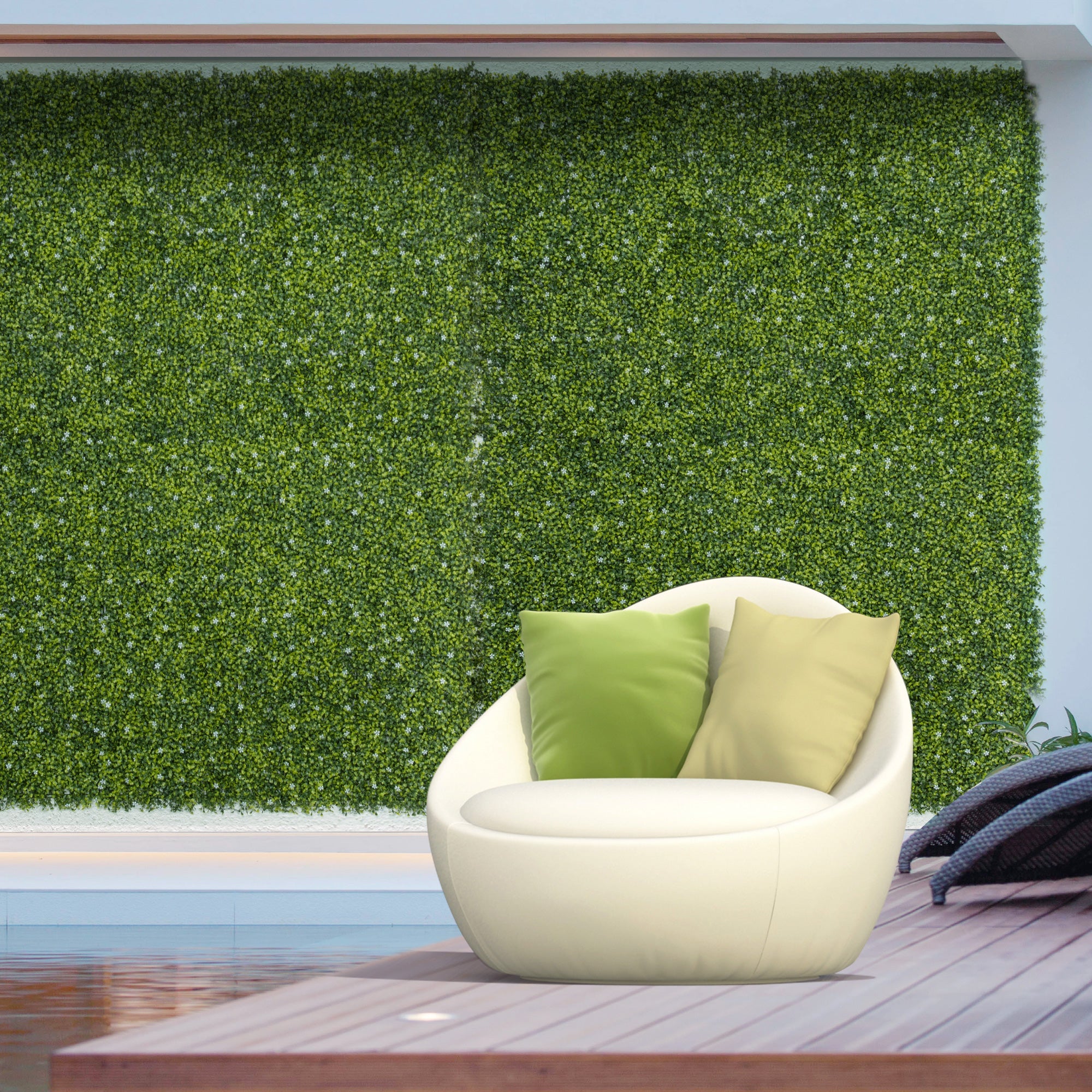 12PCS Artificial Boxwood Wall Panels 50cm x 50cm Grass Privacy Fence Screen Faux Hedge Greenery Backdrop Encrypted Milan Grass with White Flowers for Home Garden Backyard Balcony