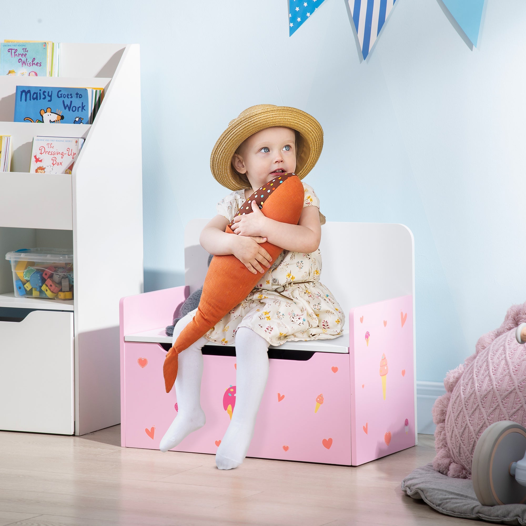2-in-1 Kids Storage Bench, Toy Box w/ Safety Rod - Pink