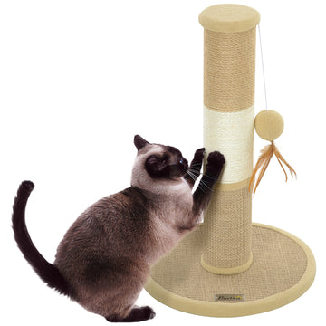 Cat Scratching Post for Indoor Cats, 47cm Tall Cat Scratcher with Jute Sisal Rope, Hanging Toy Ball, Feather, Brown