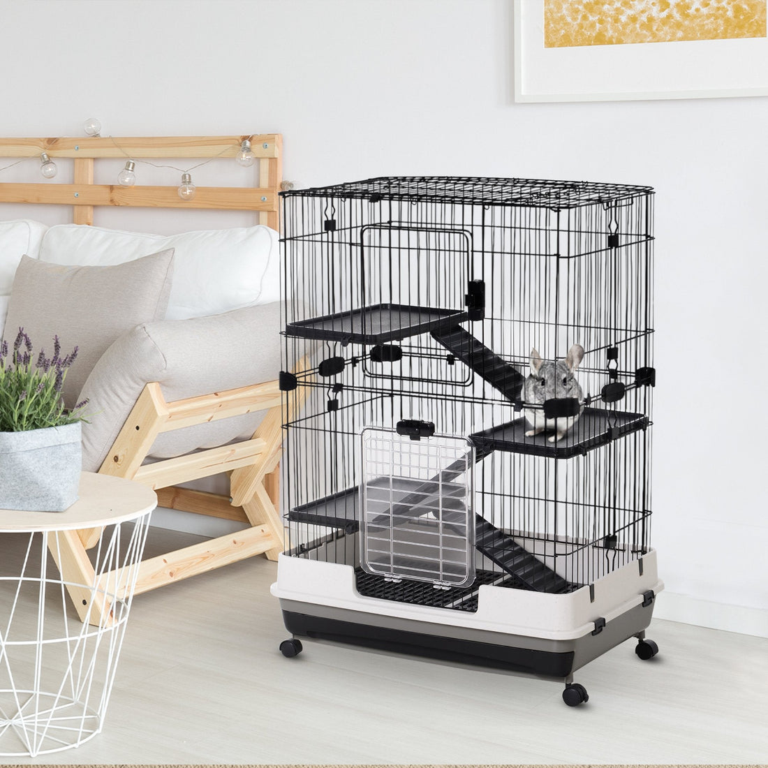 Four-Tier Small Animal Cage, for Bunnies, Ferrets, Chinchillas w/ Wheels, Tray - Black