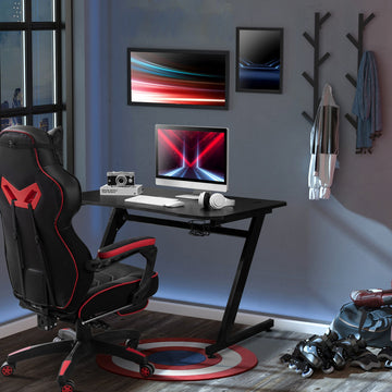Gaming Desk 120 x 65 cm Steel Frame with Cup Holder, Headphone Hook, Adjustable Feet and Cable Organiser, Home Office Computer Table, Black