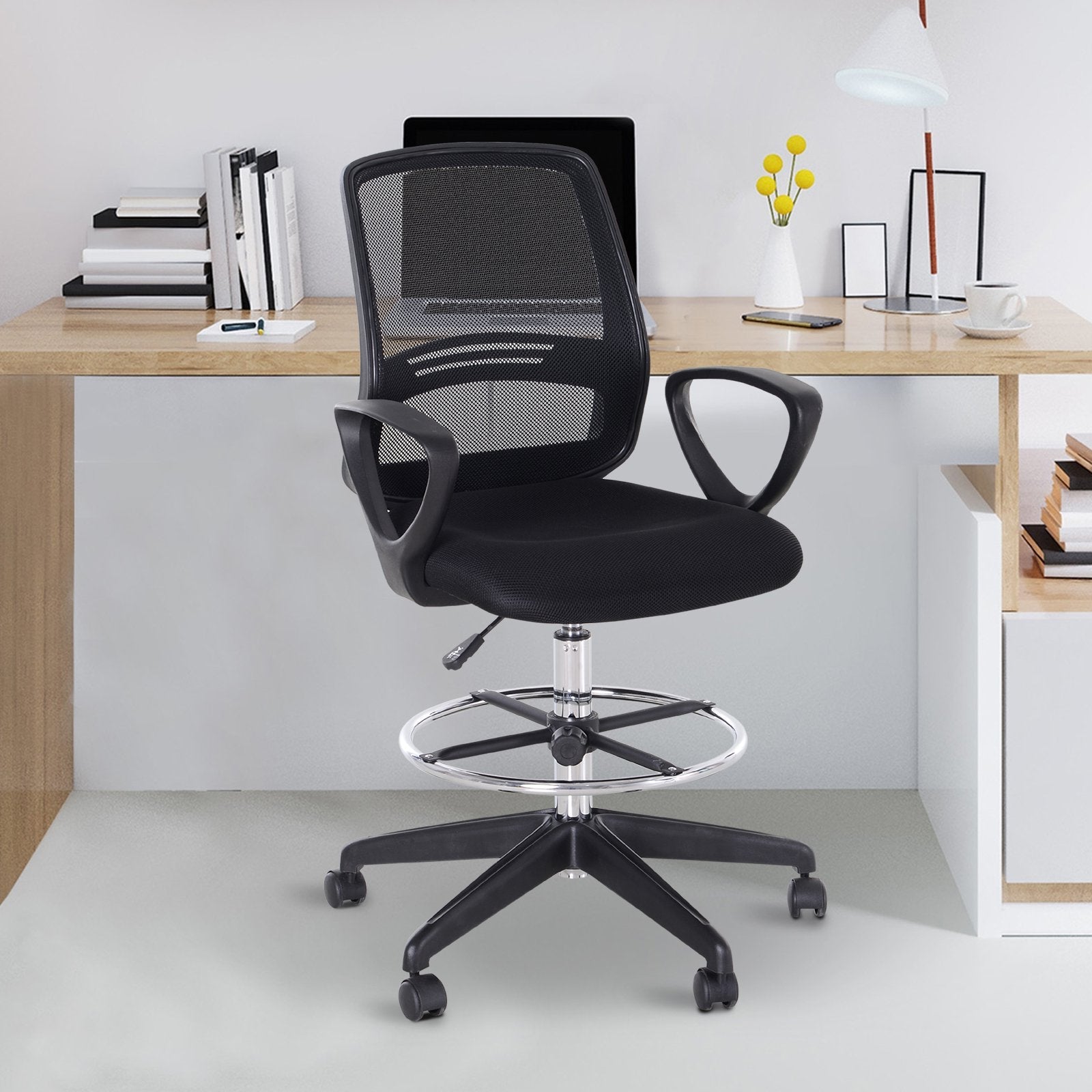 Ergonomic Mesh Back Drafting Chair, Tall Office Chair, Draughtsman Chair with Adjustable Height and Footrest 360° Swivel, Black