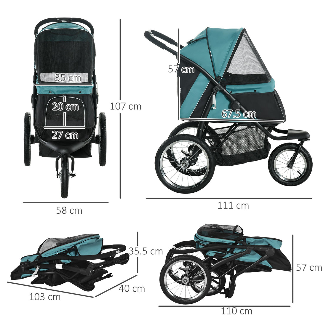 Foldable Pet Stroller Jogger, with Three Wheels, Canopy, for Medium and Small Dogs, Green