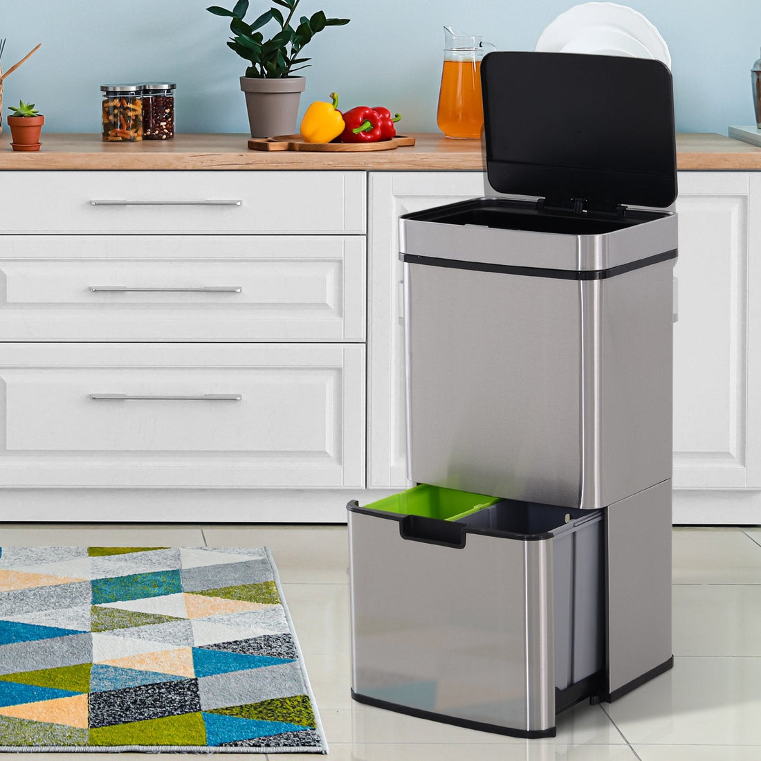 72L Recycling Sensor Bin Stainless Steel 3 Compartments For Both Wet/Dry Waste w/Removable Lid Kitchen Home