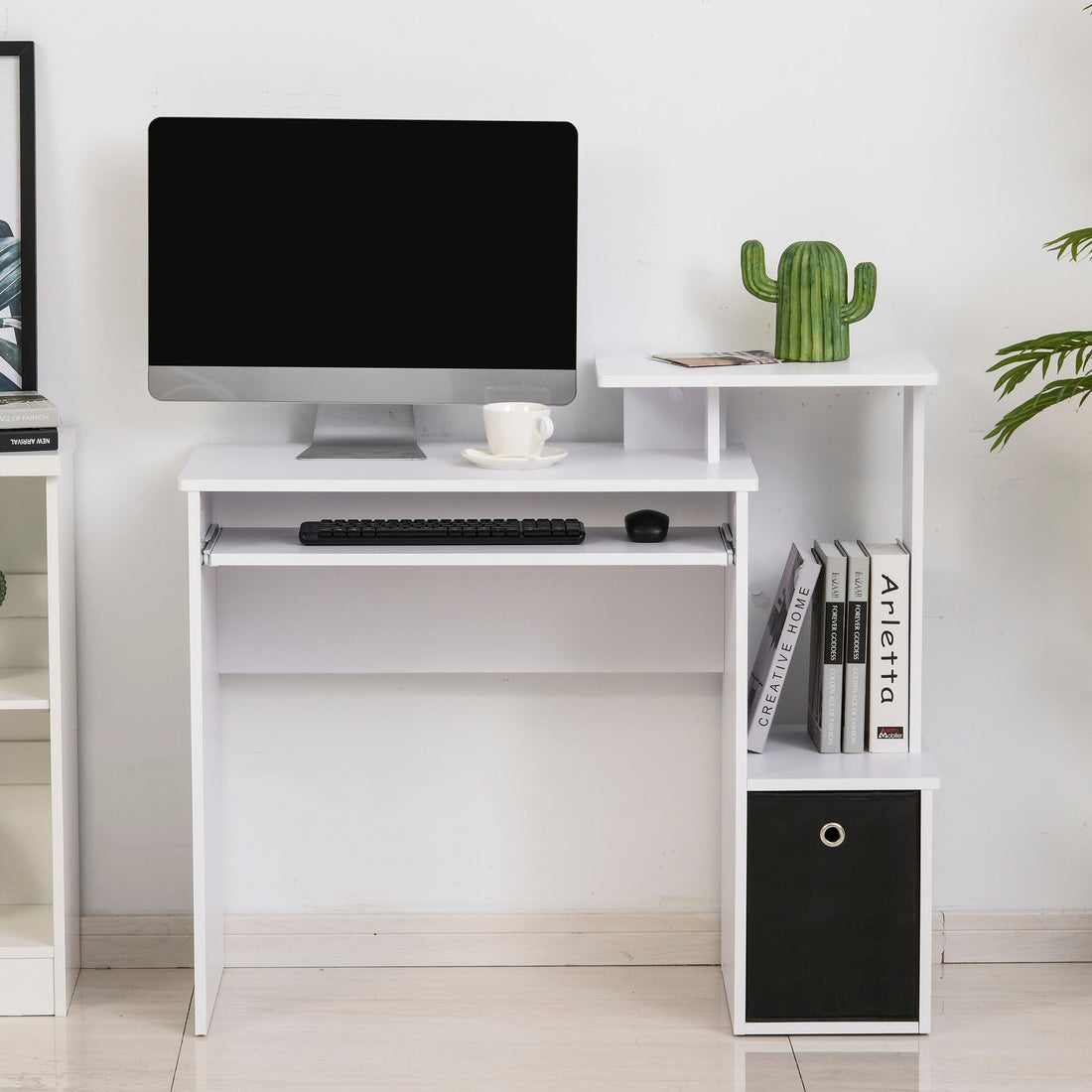 Computer Desk with Sliding Keyboard Tray Storage Drawer Shelf Home Office Workstation White