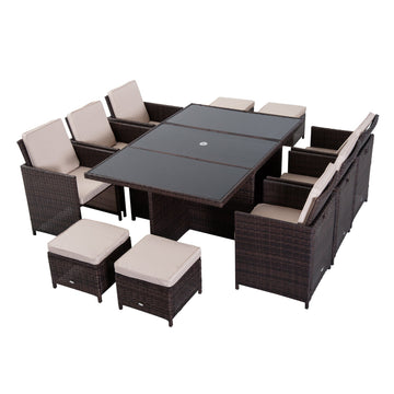 10 Seater Rattan Cube Garden Furniture Set with Parasol Hole, Rattan Dining Set with Cushions, Outdoor Dining Table and Chairs with Rectangular Glass Top Table for Patio, Mixed Brown