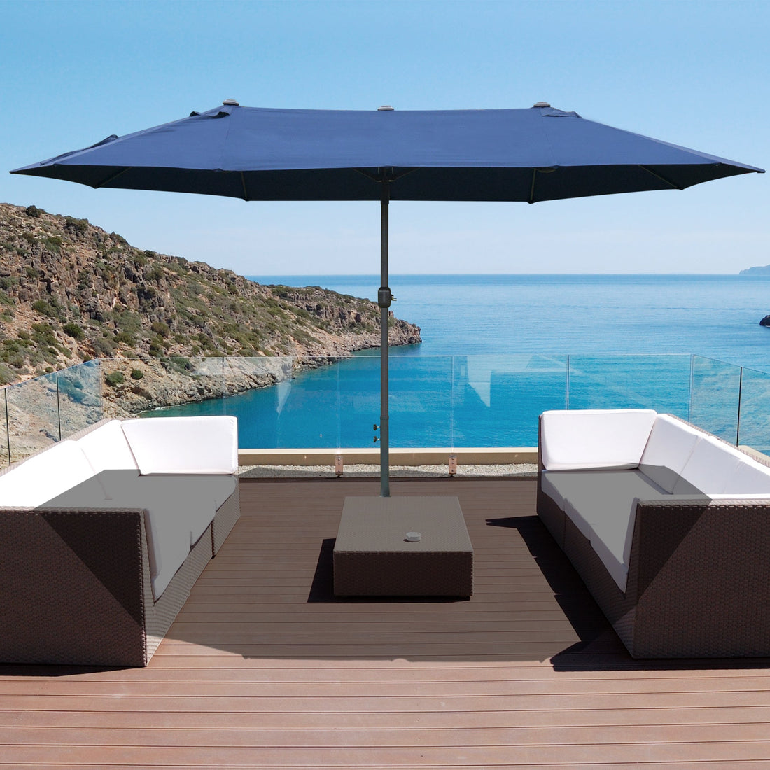 4.6M Sun Umbrella Canopy Double-sided Crank Sun Shade w/ Cross Base Dark Blue