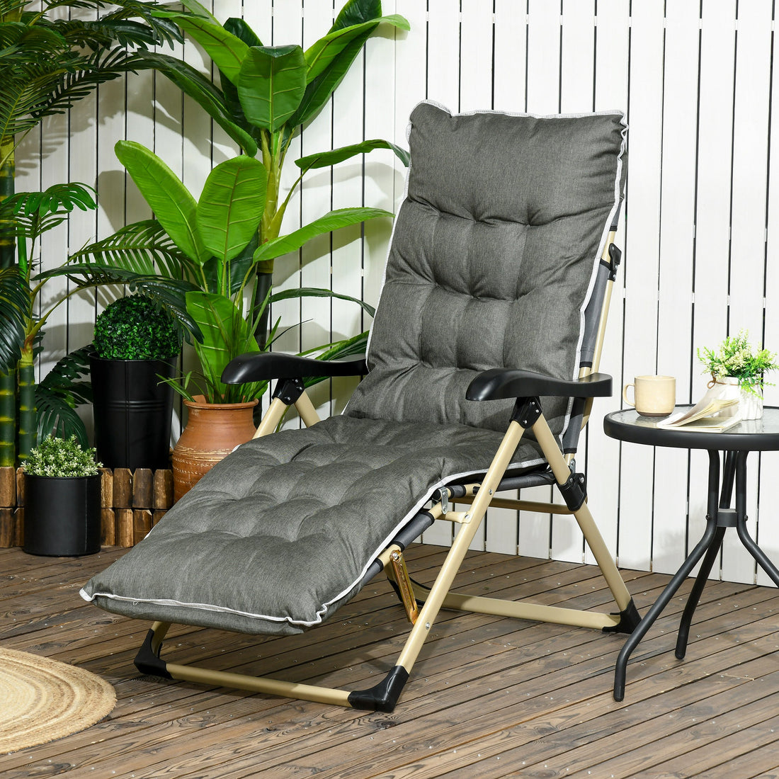 Padded Garden Lounger, with Seven-Position Back and Footrest - Grey