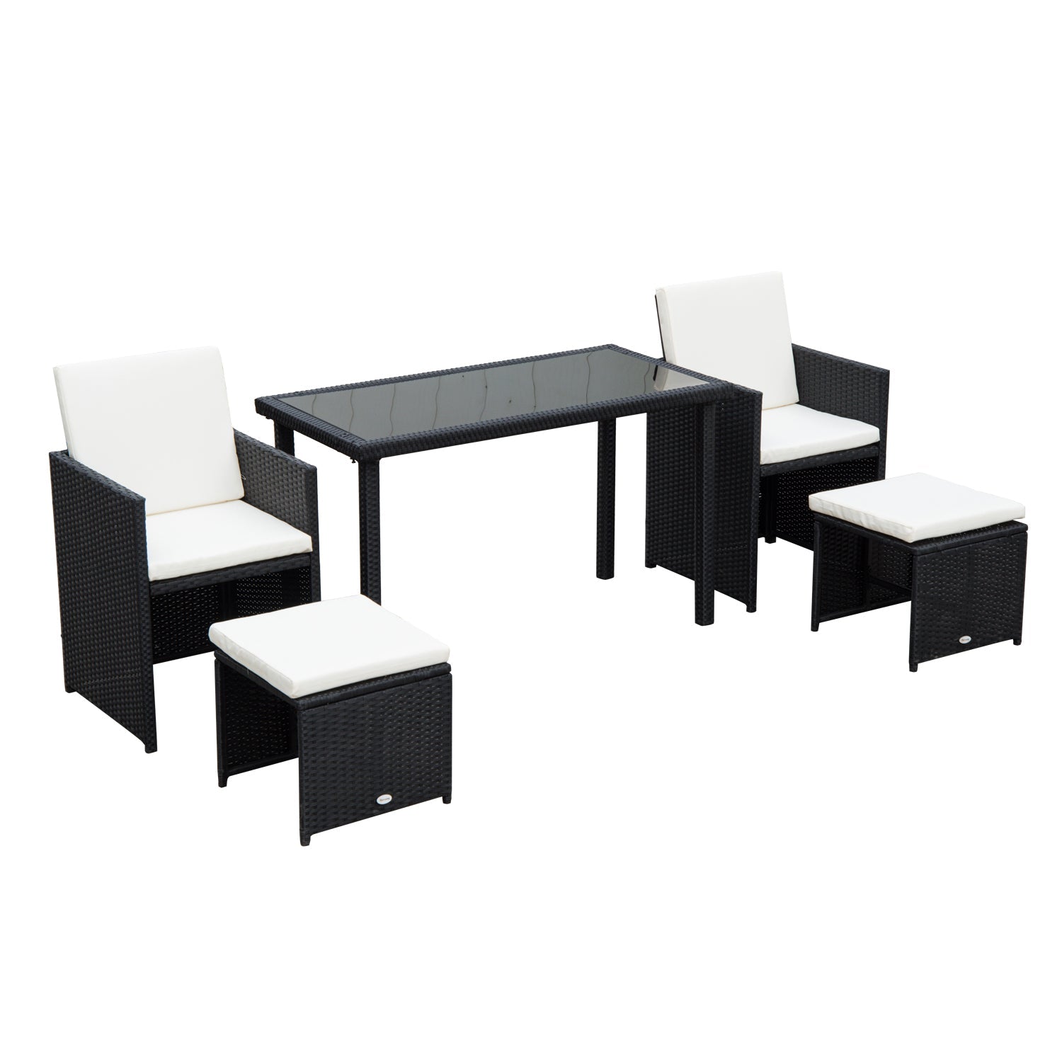 2 Seater Rattan Cube Garden Furniture Set, Rattan Dining Set with Cushions, Outdoor Dining Table and Chairs with 2 Armchairs, 2 Stools, Rectangular Glass Top Table for Patio, Balcony, Black
