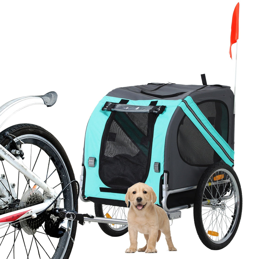 Folding Dog Bike Trailer Pet Cart Carrier for Bicycle Travel in Steel Frame with Hitch Coupler - Light Blue & Grey