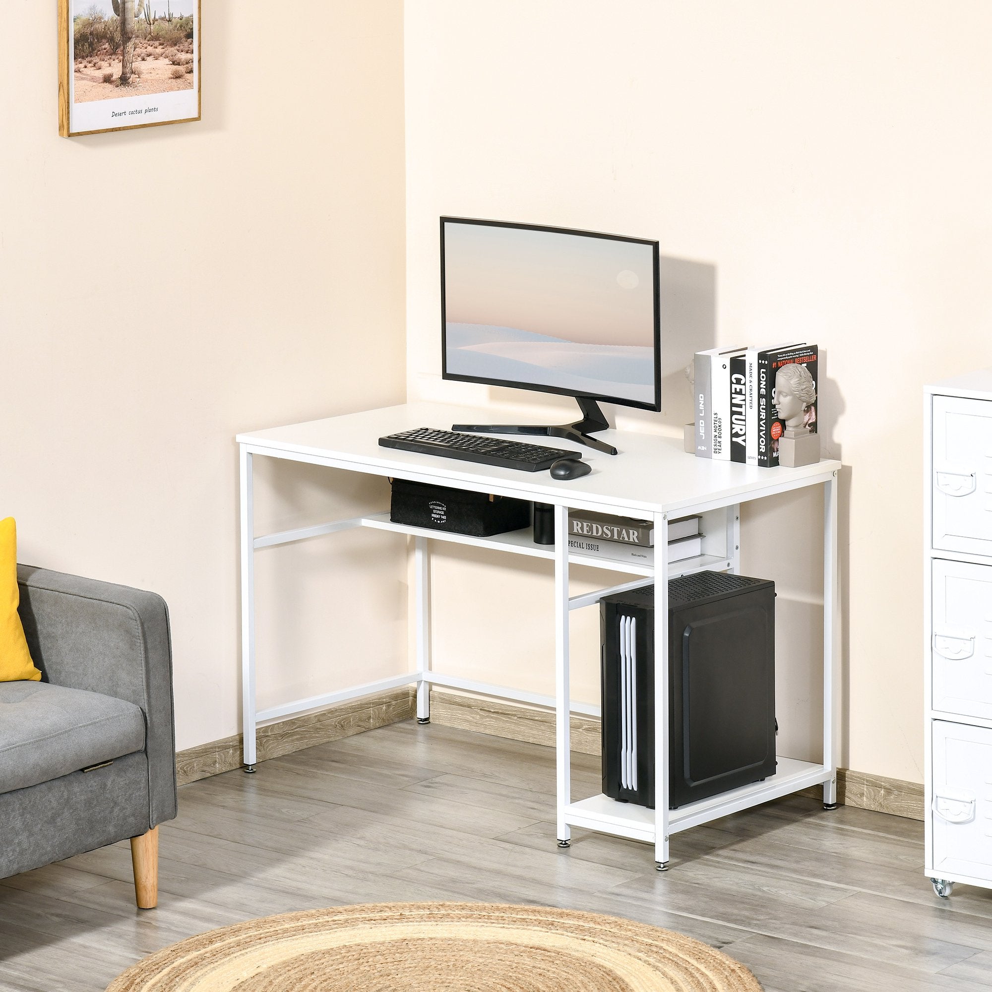 Computer Desk with Storage, 120 x 60cm Home Office Desk with 2 Shelves and Steel Frame, Writing Table for Living Room, Study, White