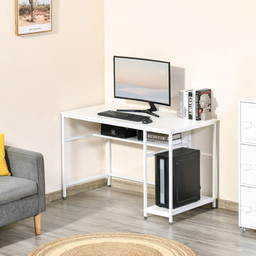 Computer Desk with Storage, 120 x 60cm Home Office Desk with 2 Shelves and Steel Frame, Writing Table for Living Room, Study, White
