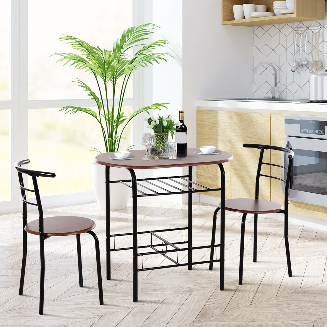 3-Piece Dining Table Set , Metal Frame Wood Top Breakfast Bar Table Set for 2, Dining Table w/Storage Shelf & 2 chairs