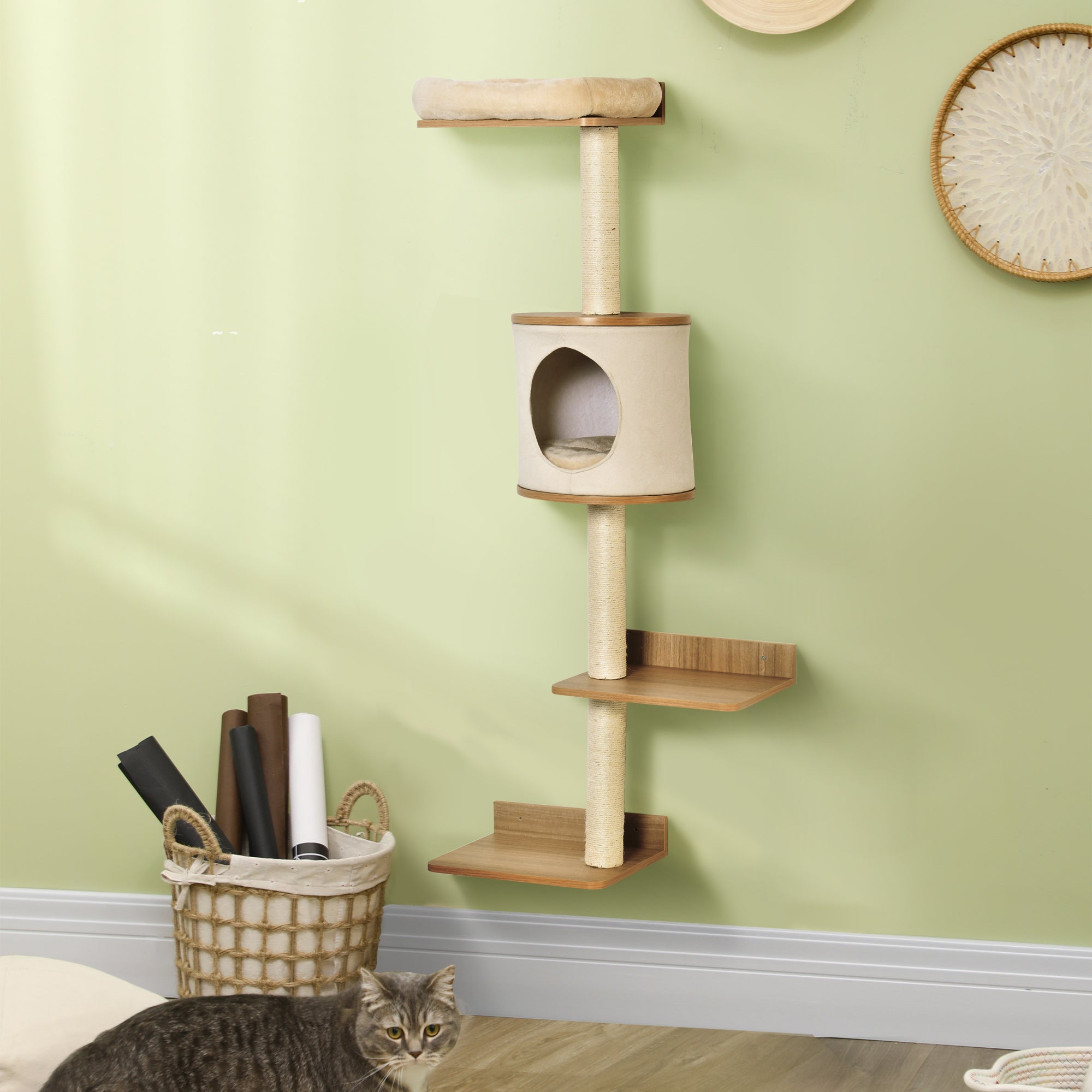 Wall-Mounted Cat Tree, with Cat House, Bed, Scratching Post - Beige