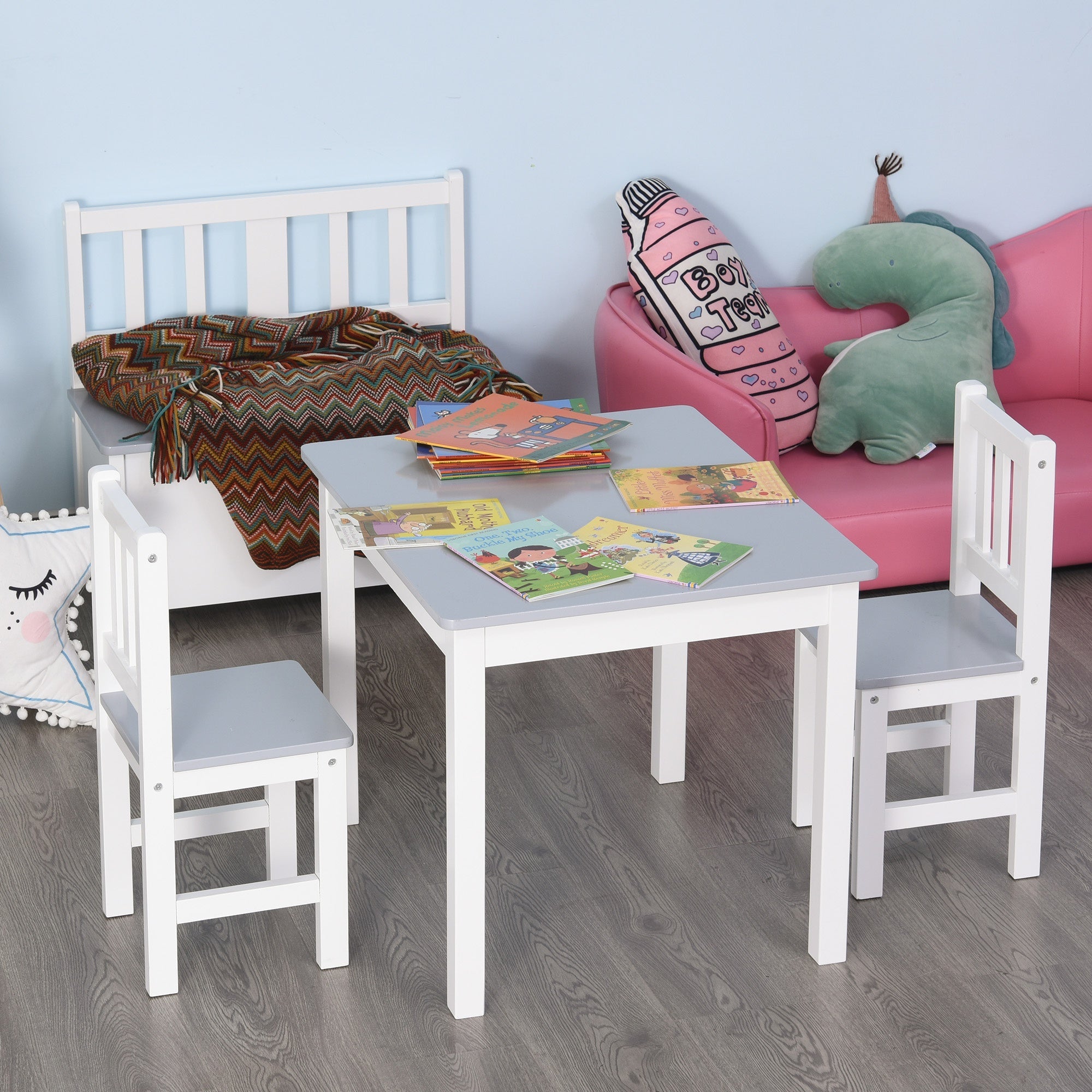 Kids Table and Chair Set 3 Pieces Toddler Preschoolers Desk with 2 Chairs for Indoor Study Rest Snack Time Grey