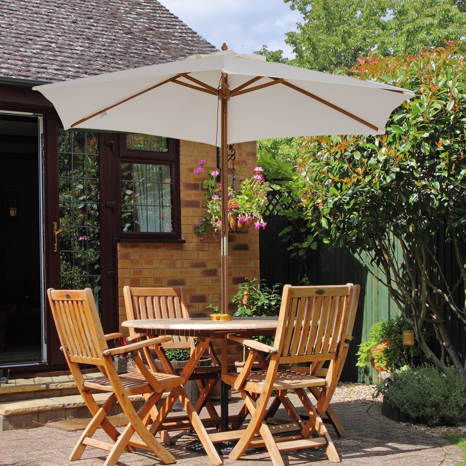 2.5m Wood Garden Parasol Sun Shade Patio Outdoor Wooden Umbrella Canopy, Table Market Umbrella with Vent, 38mm Pole, Rope Pulley Mechanism, Cream White