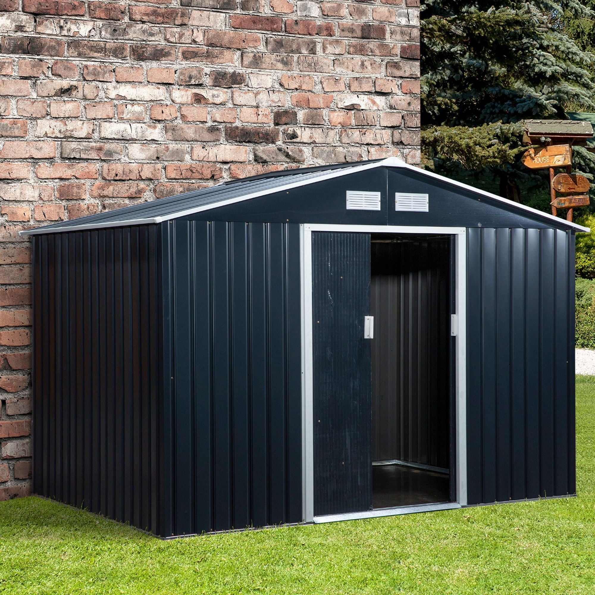 9 x 6ft Metal Bicycle Shed, Outdoor Storage Tool House with Ventilation Slots, Foundation Kit and Lockable Double Doors, Dark Grey