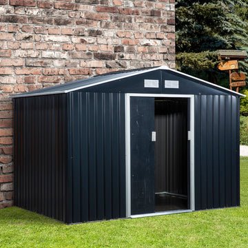 9 x 6ft Metal Bicycle Shed, Outdoor Storage Tool House with Ventilation Slots, Foundation Kit and Lockable Double Doors, Dark Grey