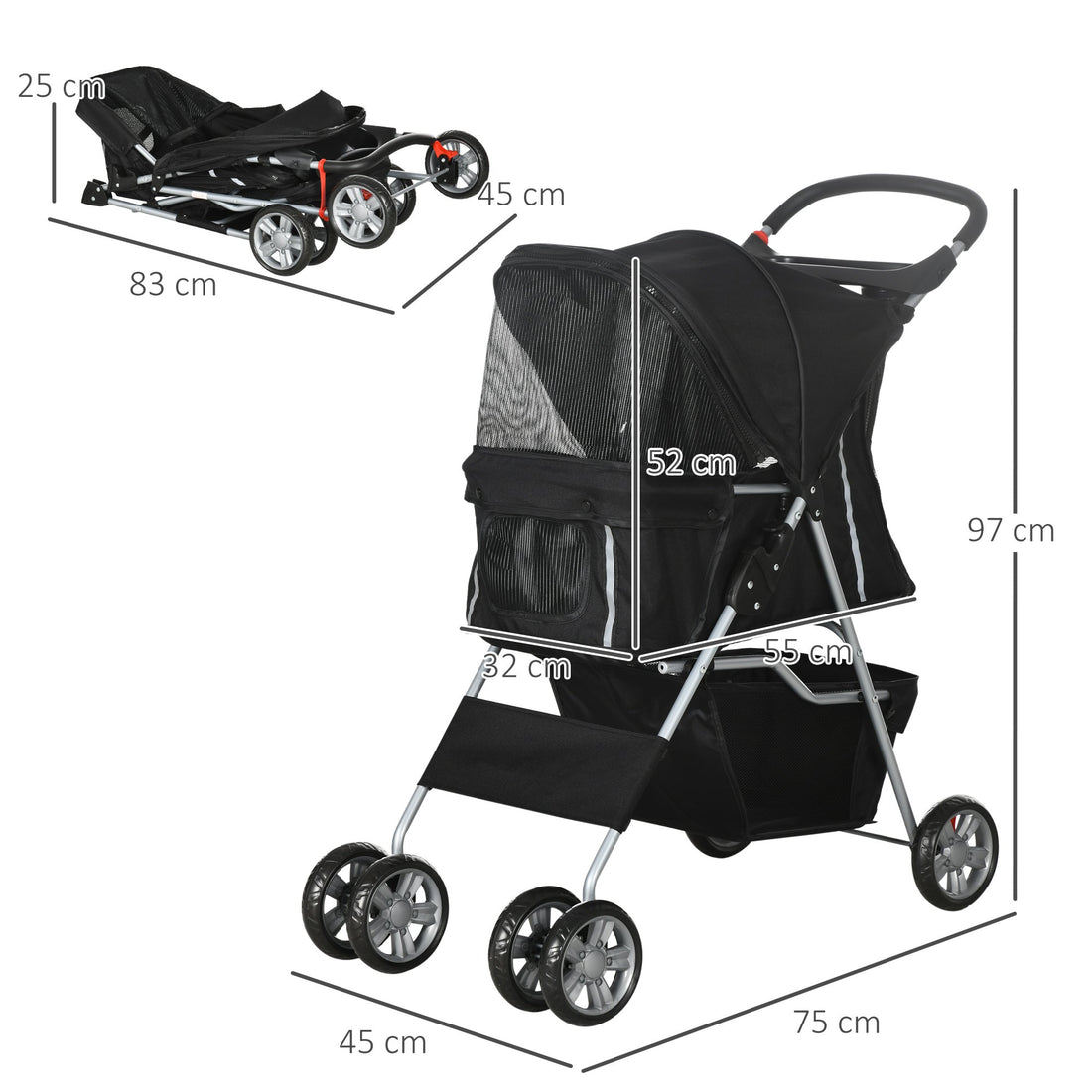Pet Stroller for Small Miniature Dogs Cats Foldable Travel Carriage with Wheels Zipper Entry Cup Holder Storage Basket Black
