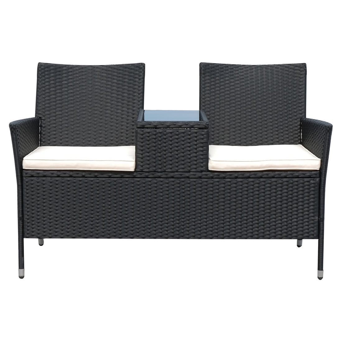 2 Seater Rattan Campanion Chair Wicker Loveseat Outdoor Patio Armchair with Drink Table Garden Furniture - Black