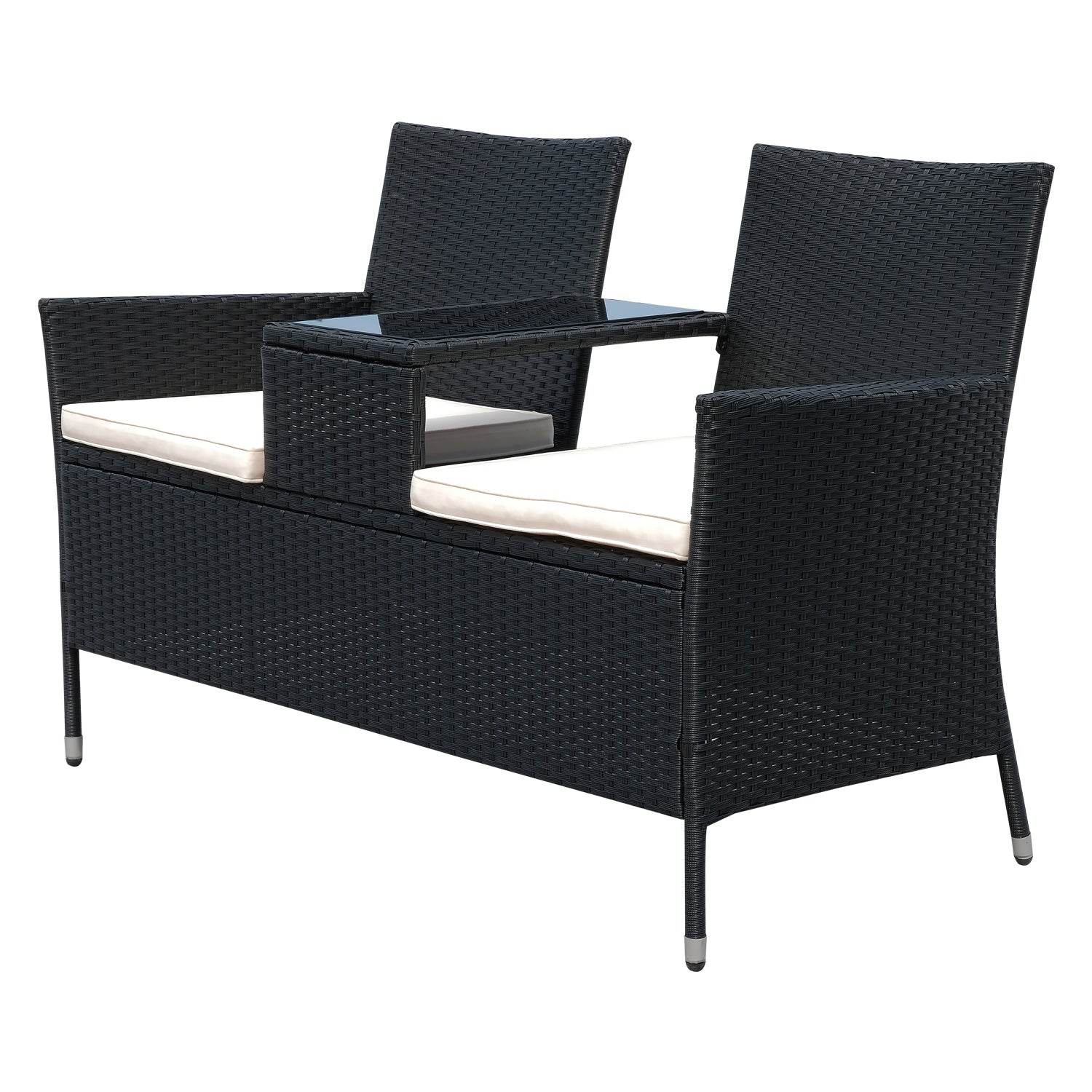 2 Seater Rattan Campanion Chair Wicker Loveseat Outdoor Patio Armchair with Drink Table Garden Furniture - Black