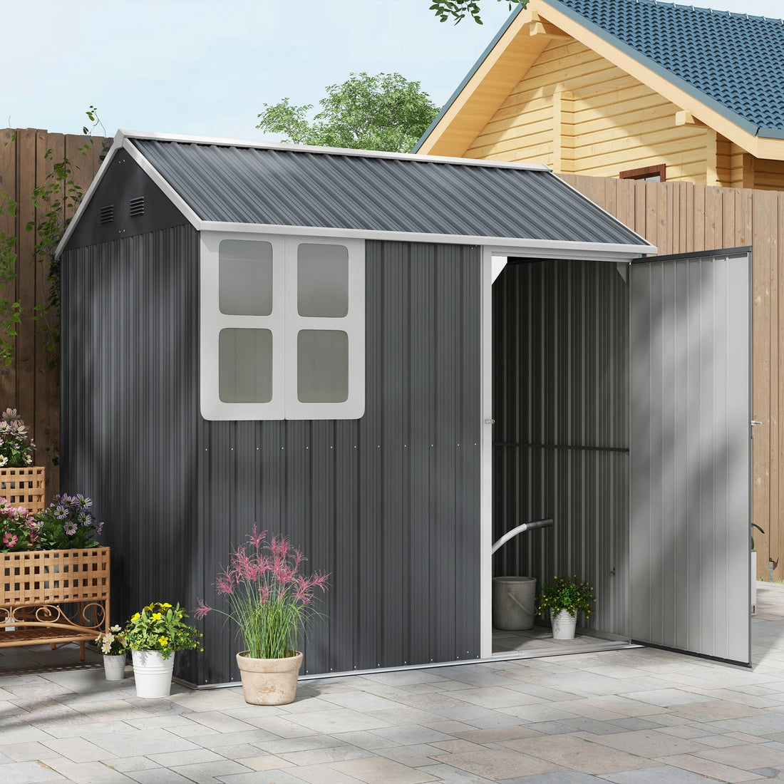 7 x 6ft Galvanised Garden Shed, with Latch - Dark Grey