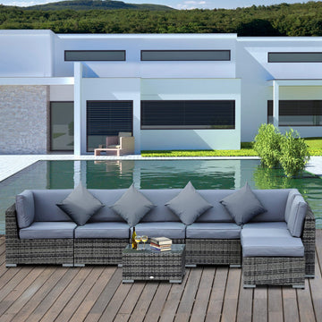 8 Pieces PE Rattan Corner Sofa Set with Thick Cushions, Aluminium Outdoor Rattan Garden Furniture Set with Glass Top Table, No Assembly Required, Grey