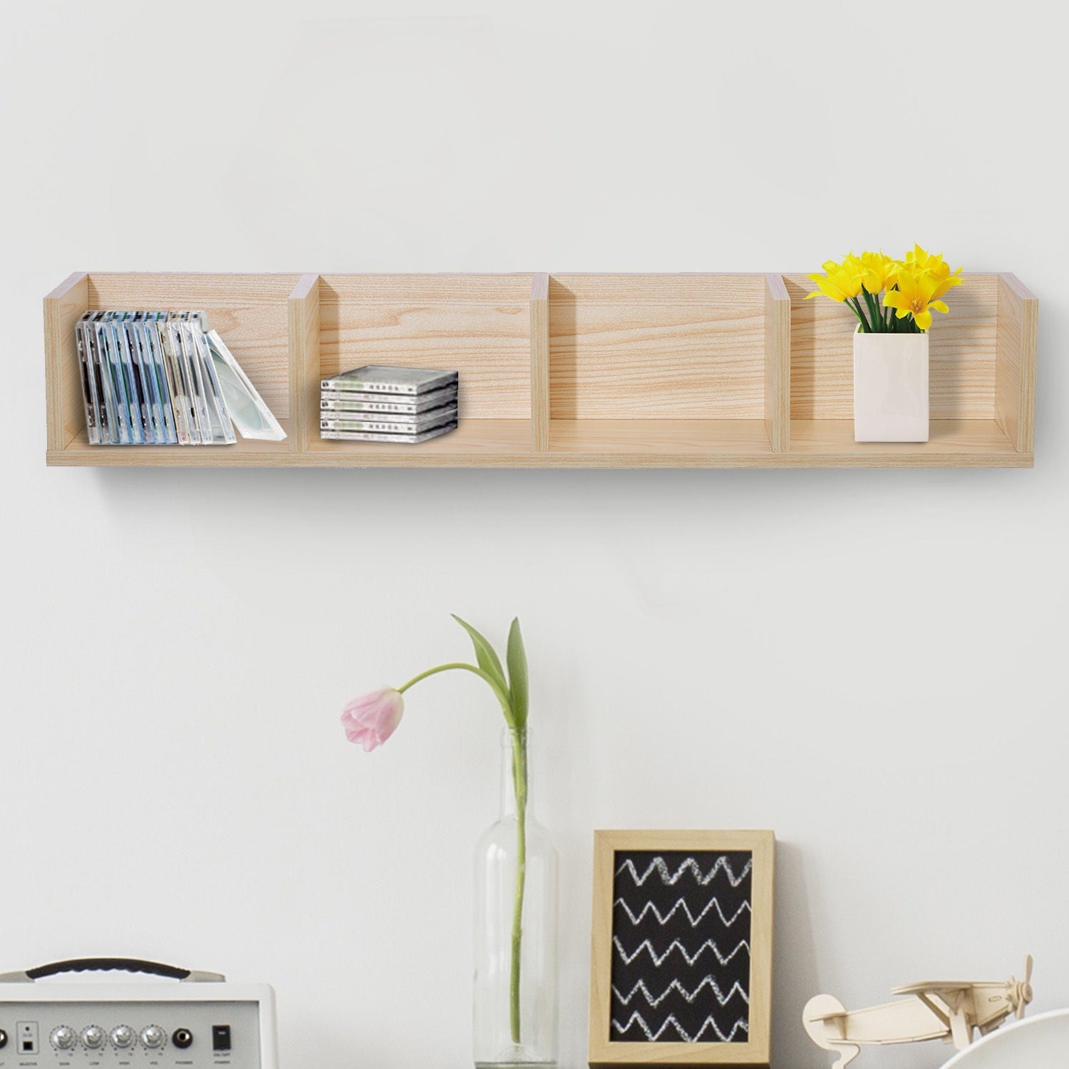 Wall Mount 84 CD / 56 DVD/Blu-ray/ Media Storage Rack 4 Cubes Wooden Shelf Organizer Unit Bookcase Display (Natural Wood Colour)