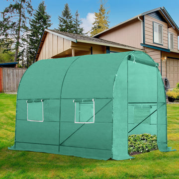 2.45 x 2m Polytunnel Greenhouse, Walk-in Greenhouse with Large Roll-Up Door & Windows, Plastic Cover, Steel Frame, Easy Access & Ventilation, Green