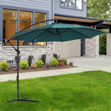 3(m) Banana Parasol Hanging Cantilever Umbrella with Crank Handle, 8 Ribs and Cross Base for Outdoor, Sun Shade, Dark Green