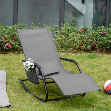 Outdoor Garden Rocking Chair, Patio Sun Lounger Rocker Chair with Breathable Mesh Fabric, Removable Headrest Pillow, Armrest, Side Storage Bag, Grey