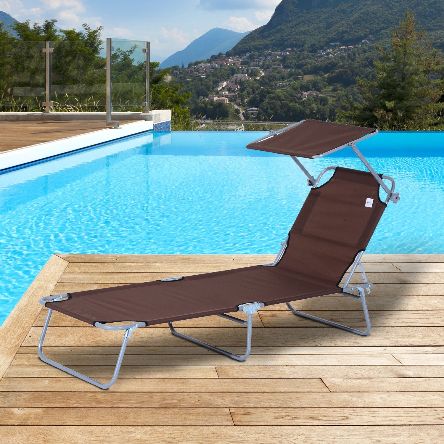 Outdoor Foldable Sun Lounger, 4 Level Adjustable Backrest Reclining Sun Lounger Chair with Angle Adjust Sun Shade Awning for Beach, Garden, Patio, Brown