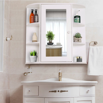 Wall Mounted Bathroom Cabinet with Mirror Single Door Storage Organizer 2-tier Inner Shelves White