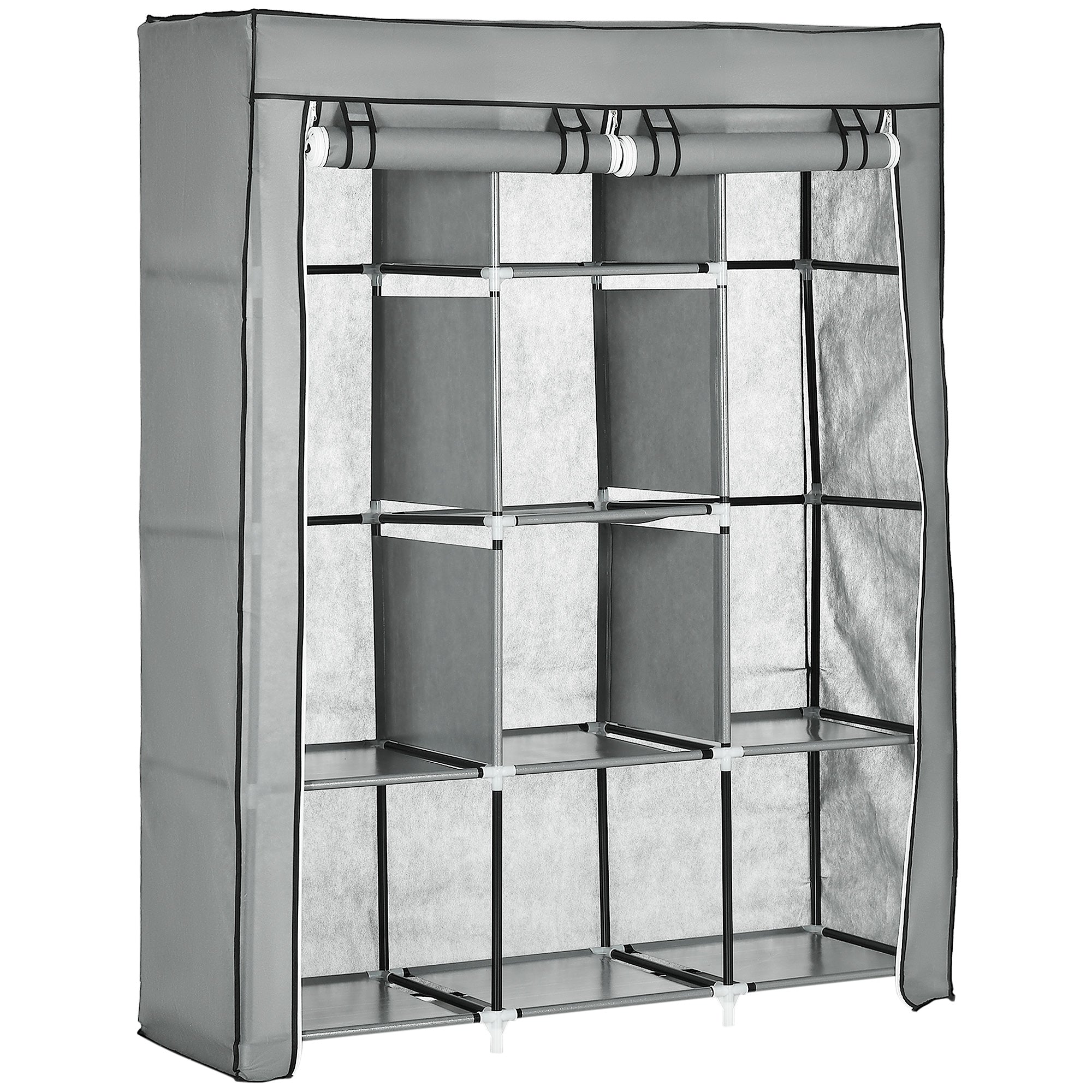 Fabric Wardrobe, with Rails and Shelves - Light Grey