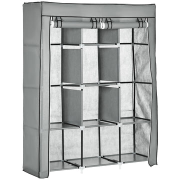 Fabric Wardrobe, with Rails and Shelves - Light Grey