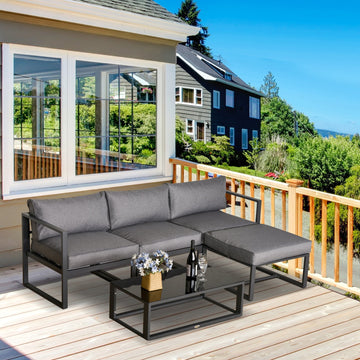 5 Pieces Outdoor Patio Furniture Set, Sofa Couch with Glass Coffee Table, Cushioned Chairs and Aluminum Tube, for Balcony Garden Backyard, Grey