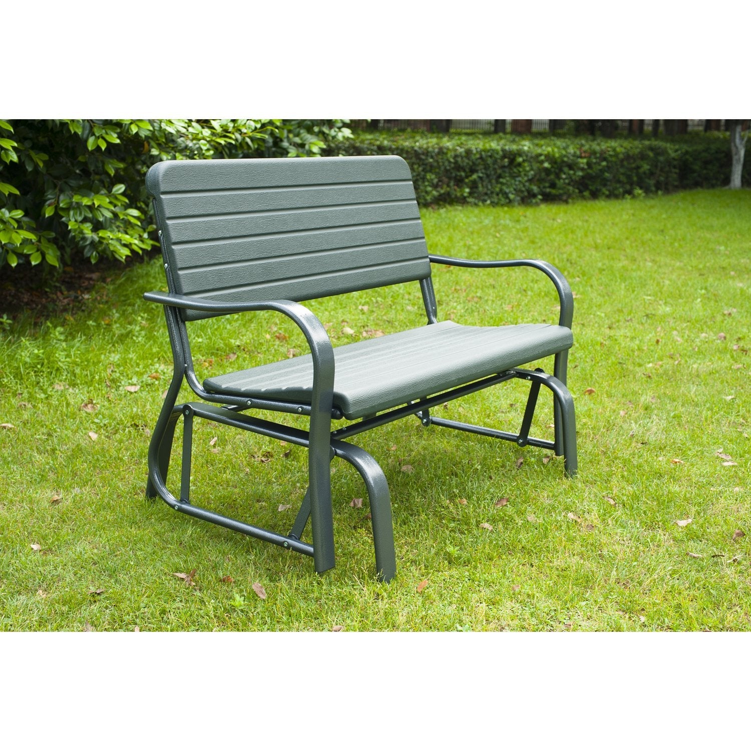 2 Seats Garden Glider Bench, Metal Frame and HDPE Swing Loveseat, Porch Rocking Glider for 2 Person with High Back and Armrest, Dark Green