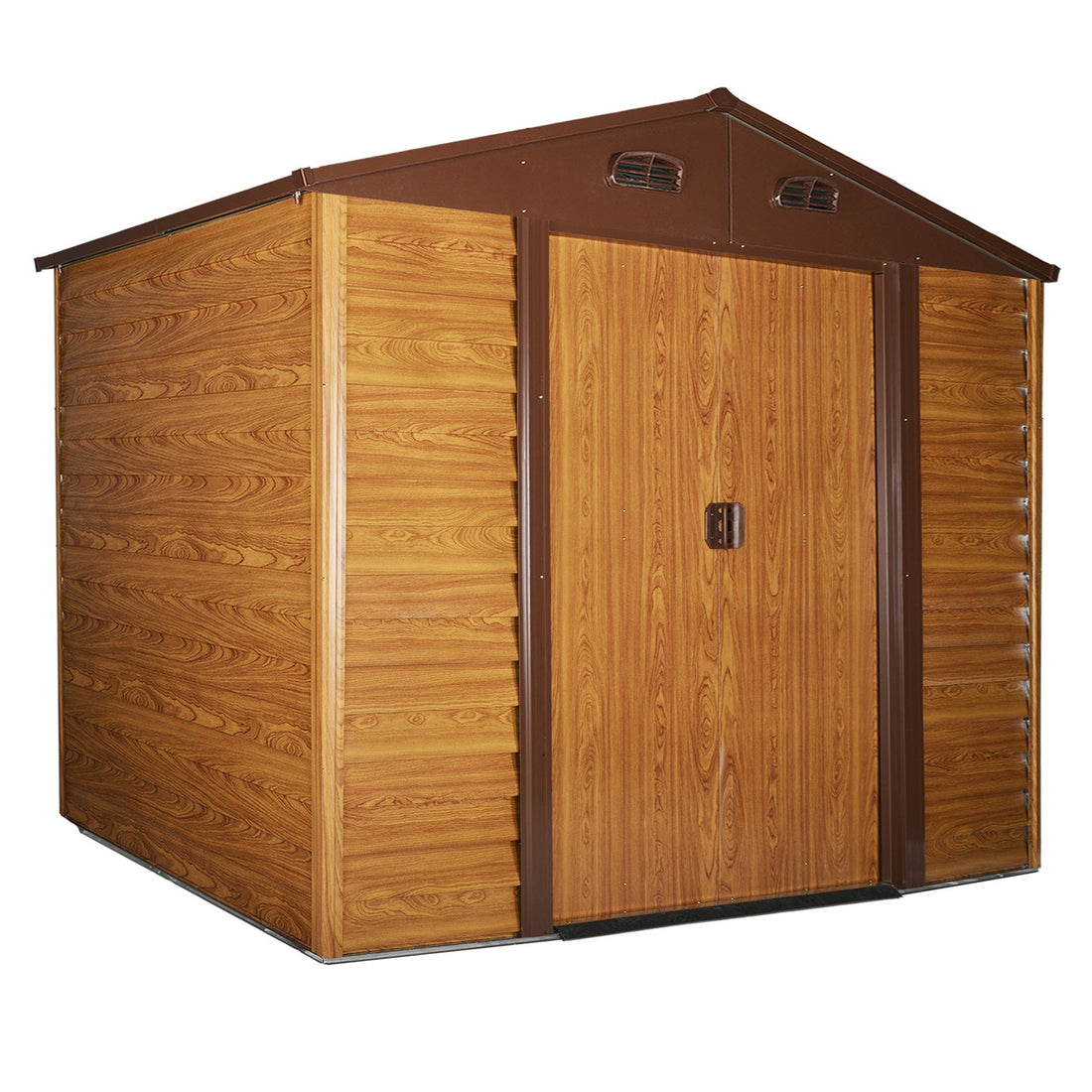 9 x 6ft Metal Garden Shed, House Hut Gardening Tool Storage with Ventilations, Sliding Door, Sloped Roof and Foundation Kit for Garden, Patio, Brown