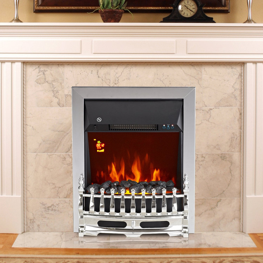 Contemporary Electric Fireplace Coal Burning Flame Effect Inset Fire Place Space Heater Glass View LED Lighting with Remote Control, 1000W/2000W