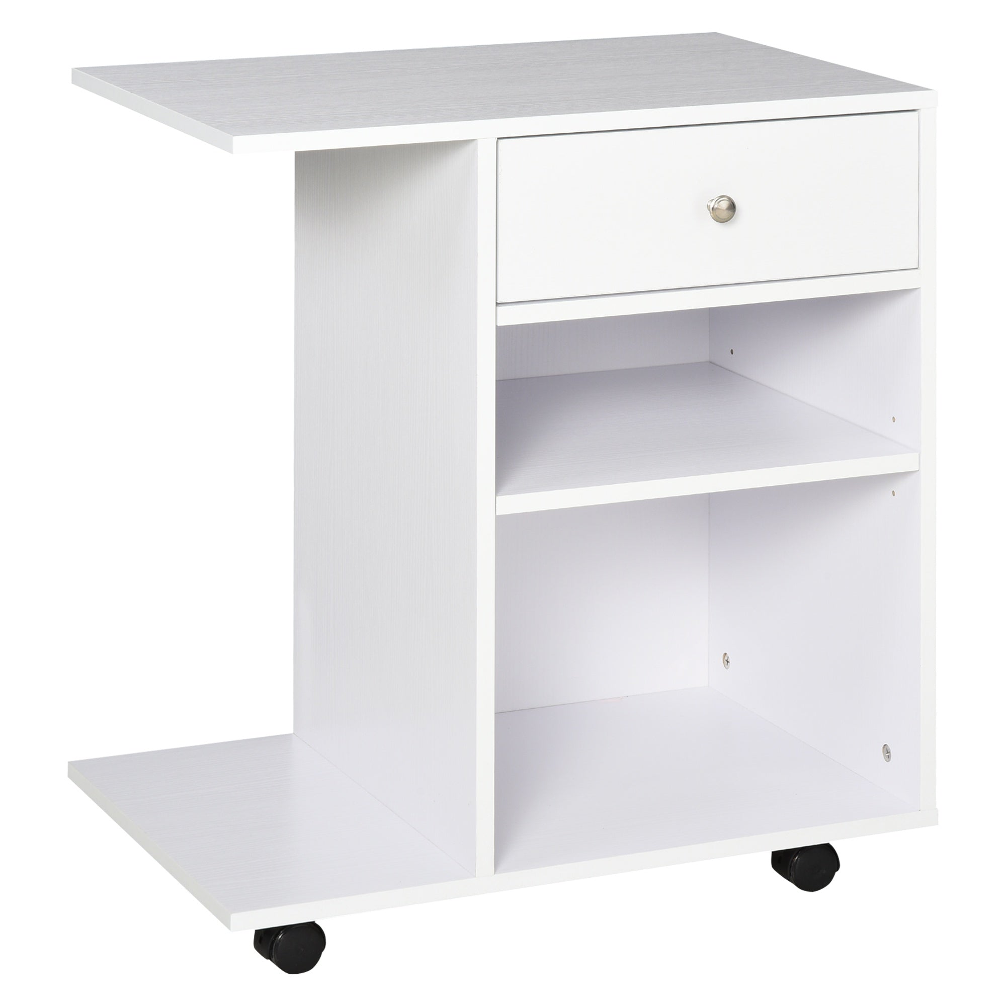 Mobile Printer Stand Rolling Cart Desk Side with CPU Stand Drawer Adjustable Shelf and Wheels 60cmx40cmx68.5cm White